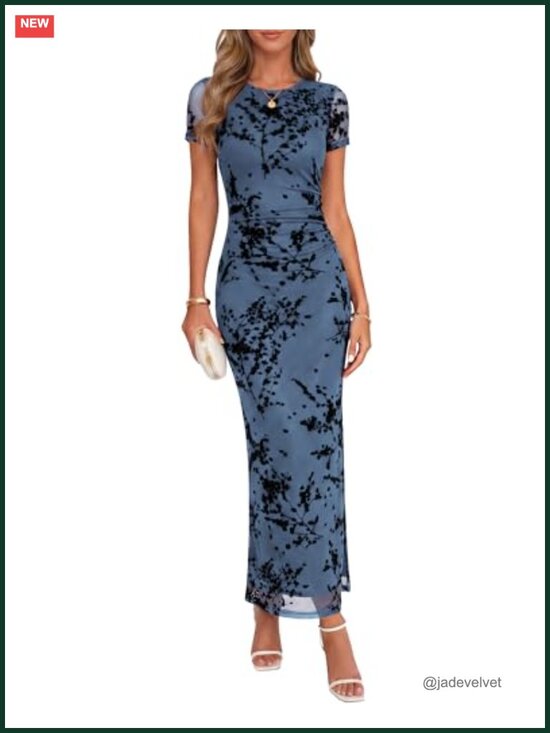 Dresses & Skirts - Floral Bodycon Maxi Dress Ruched Mesh Crew Neck Short Sleeve Side Slit Formal